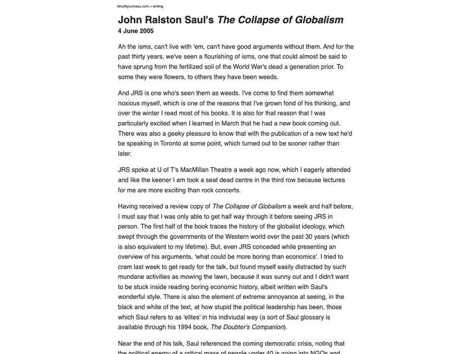 John Ralston Saul's The Collapse of Globalism